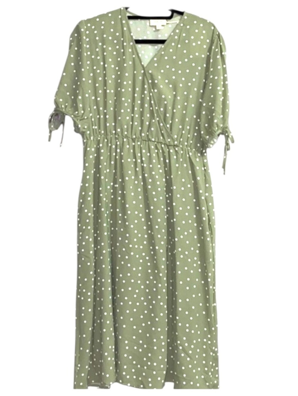 Orange Creek Sage Green Polka Dot Surplice Midi Dress Tie Sleeve Size X-Large